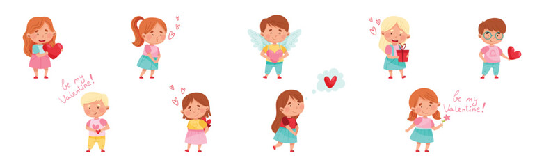 Cute Boy and Girl Feel Love at Valentine Day Vector Set