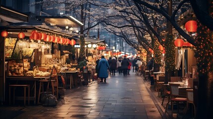 Evening Market Street Under Glowing Lanterns- A Bustling Market Street Captures the Energy of Tokyo