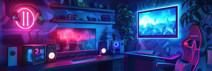 Video game room interior for gaming and esports with computer, speakers, monitor, and console - obrazy, fototapety, plakaty