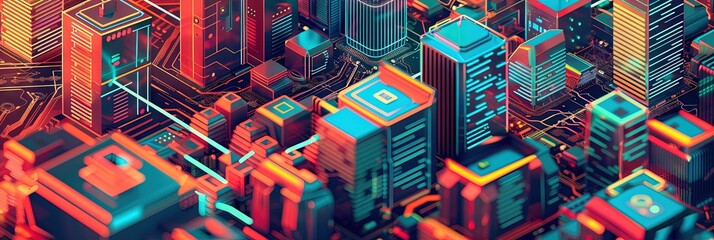 Colorful silicon city made of circuitry - obrazy, fototapety, plakaty