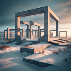 Abstract architecture. Futuristic building in the snow.