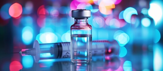Close up of a transparent vaccine bottle filled with medicine for vaccination and immunization