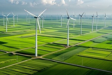 Vast Wind Farm Landscape with Renewable Energy Windmills at Sunset