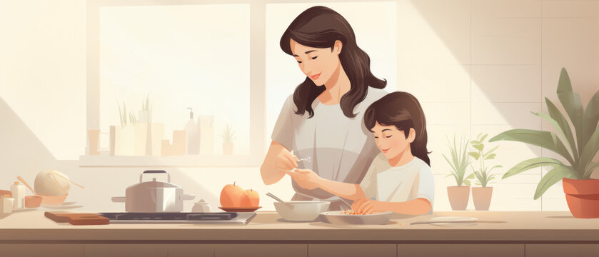 Mother and Child Preparing Food Together