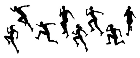 Runners silhouettes set. Male, female athletes running. Healthy active lifestyle. Maraphon, Sprint, jogging. Sport, fitness design, black monochrome vector illustrations on transparent background.