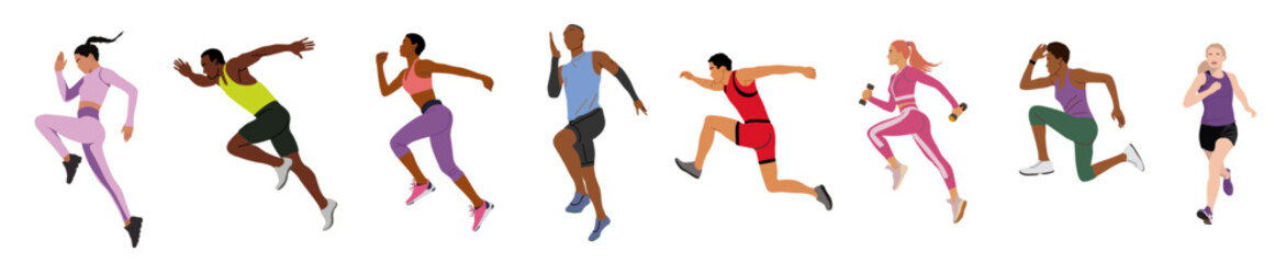 Runners set. Male and female athletes running. Healthy active lifestyle. Maraphon, Sprint, jogging, warming up. Sport, fitness design, flat style vector illustrations on transparent background.