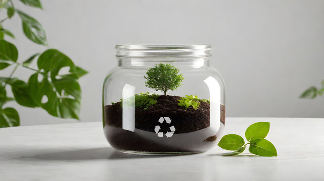 Plant in a  jar waste adorned with the universal recycling symbol, set against a lush forest backdrop, symbolizing eco-friendly packaging solutions for a sustainable, zero waste lifestyle, generative
