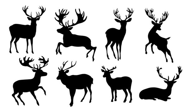 Reindeer silhouettes set. Collection of black deer icons, Logo, symbols. Winter elements for decor and holiday postcards. Monochrome black illustrations isolated on transparent background.