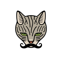 Cat with hipster mustache handlebar, cat looking. Animal and pet, kitten or catlike, cat face and cat is watching, illustration