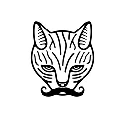 Cat with hipster mustache handlebar, cat looking. Animal and pet, kitten or catlike, cat face and cat is watching, illustration