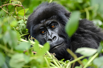 Obraz premium Mountain gorilla - Central Africa - One of the two subspecies of eastern gorilla, known for their thick fur and gentle demeanor. They are critically endangered due to habitat loss and poaching