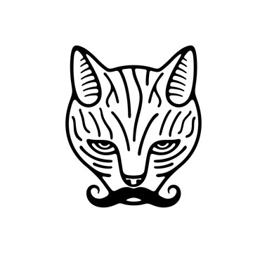 Cat with hipster mustache handlebar, cat looking. Animal and pet, kitten or catlike, cat face and cat is watching, illustration