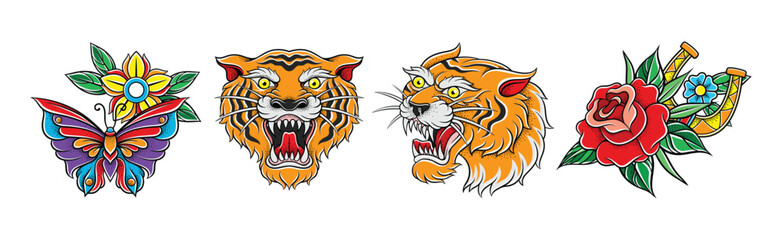 Old School Badges with Rose, Tiger and Butterfly Vector Set
