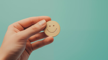 Hand holding a token with a smiley on it, on a plain background - obrazy, fototapety, plakaty