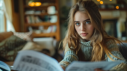 Young female student works with financial papers at home, reading some papers, doing freelance job, middle shot, soft lighting, beautiful student face