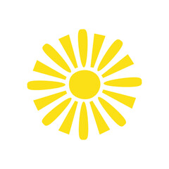Simple yellow sun vector flat illustration with round shape middle and beams, cute summer image for making cards, decor, vacation concept, holiday and summertime design for children