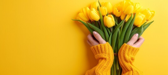 Close up of woman s hands holding vibrant bouquet of colorful tulips with copy space for text - obrazy, fototapety, plakaty