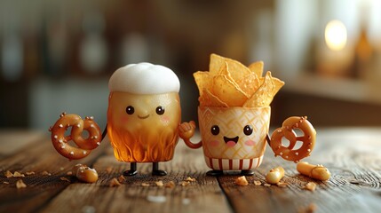 Cute, funny happy glass of beer, pretzel and nachos. Created with Generative AI - obrazy, fototapety, plakaty