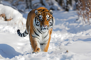 Fototapeta na wymiar Siberian tiger - Northeast Asia - The largest cat species, with a distinctive striped coat and powerful build. They are endangered due to habitat loss and hunting