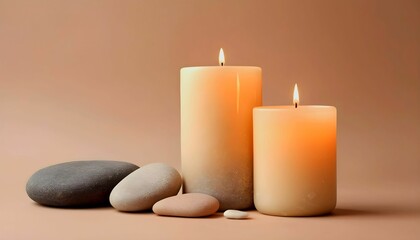 Obraz na płótnie Canvas Aroma candle on beige background. Warm aesthetic composition with stones. Cozy home comfort, relaxation and wellness concept. Interior decoration mockup created with generative ai