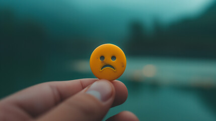 Hand holding a plastic token with a sad smiley on it