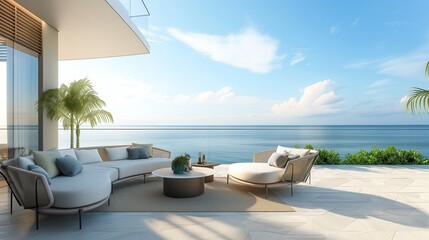 Modern Sunny Terrace Overlooking a Calm Blue Sea with Elegant Outdoor Furniture