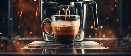Espresso Pouring into a Clear Glass Mug from a Modern Coffee Machine Amidst a Warmly Lit Ambiance - obrazy, fototapety, plakaty