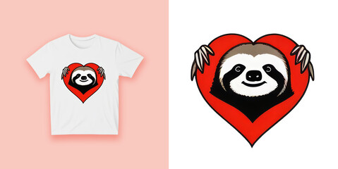 Sloth animal and heart on t-shirt template. Suitable for women and child young people clothing.