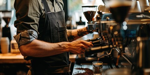 Barista making fancy espresso in a coffee shop or cafe - obrazy, fototapety, plakaty