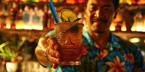 Bartender doling out tropical drinks at an exotic tiki bar
