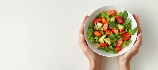 Fresh salad in woman s hands, top view, healthy eating concept with copy space for text placement