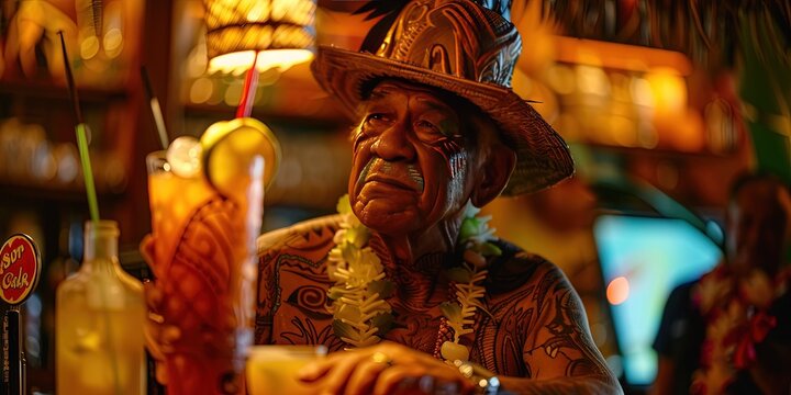 Bartender doling out tropical drinks at an exotic tiki bar