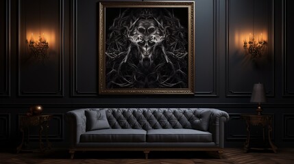 Dark Luxurious interior with elegant sofa and painting. Wall mockup