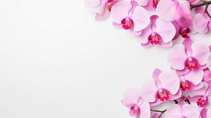 composition of a bouquet of orchid flowers, top view with copy space on a white background