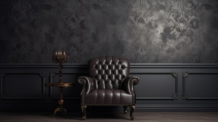 A luxurious and elegant interior that features a dark brown leather armchair with quilted details, a small round table with an ornate candelabra on top, and a dark patterned wall as a backdrop