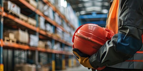 Photo of a warehouse worker with safety gear working in the warehouse