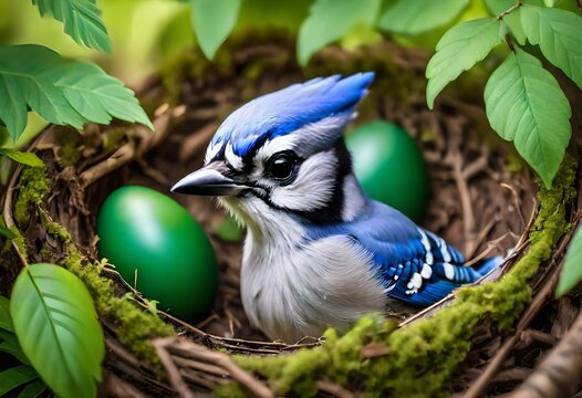 blue jay bird in nest with green eggs 