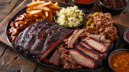 A hearty plate of BBQ perfection featuring smoky meltinyourmouth meats like brisket pulled pork and ribs. The distinctive hickory flavor from the smokehouse will have your