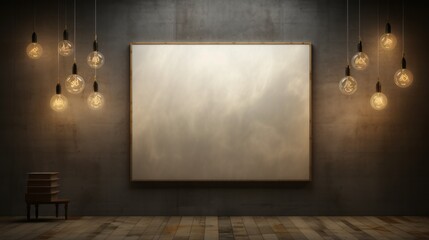 empty room with hanging bulbs casting warm light on the walls and a large white canvas.
