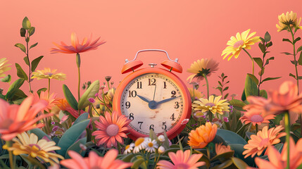 Alarm clock on peach fuzz pantone 2024 backgroung with spring flowers