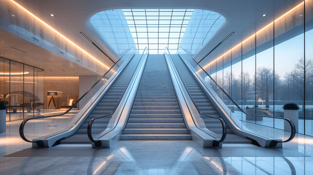 Modern luxury escalators with staircase at airport