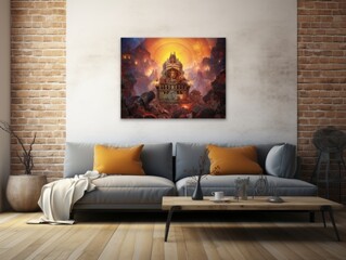 A modern living room with a bright sofa and a painting. Wall mock-up