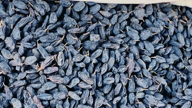 Dried Fruits, nuts and Spices market in Samarkand, Uzbekistan - June 29, 2023: Goods and traders at the Oriental Bazaar in Uzbekistan. Siab Bazaar is the largest and oldest bazaar in Samarkand. 4K