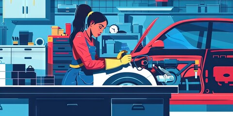 Woman mechanic working on repairing engine of car in automotive repair shop.