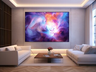 A modern living room with a bright sofa and a painting. Wall mock-up