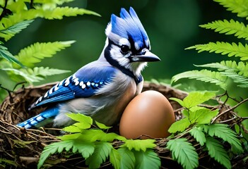 blue jay on a with egg
