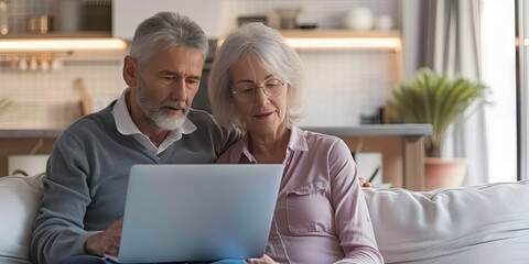 Fototapeta premium Elderly couple (grandma and grandpa grandparents). Family using laptop computer in the living room of the house