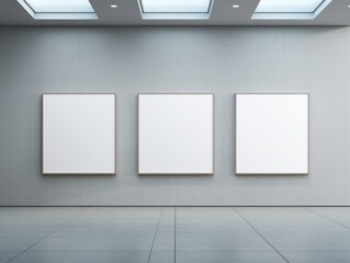 minimalist art gallery with three blank canvases on a wall, illuminated by ceiling lights. The room has a modern and clean aesthetic