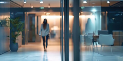 Female business executive walking in a modern corporate office with glass walls