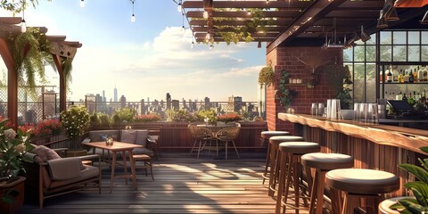 Rooftop bar overlooking the city - comfortable lounge on top of the roof of a building